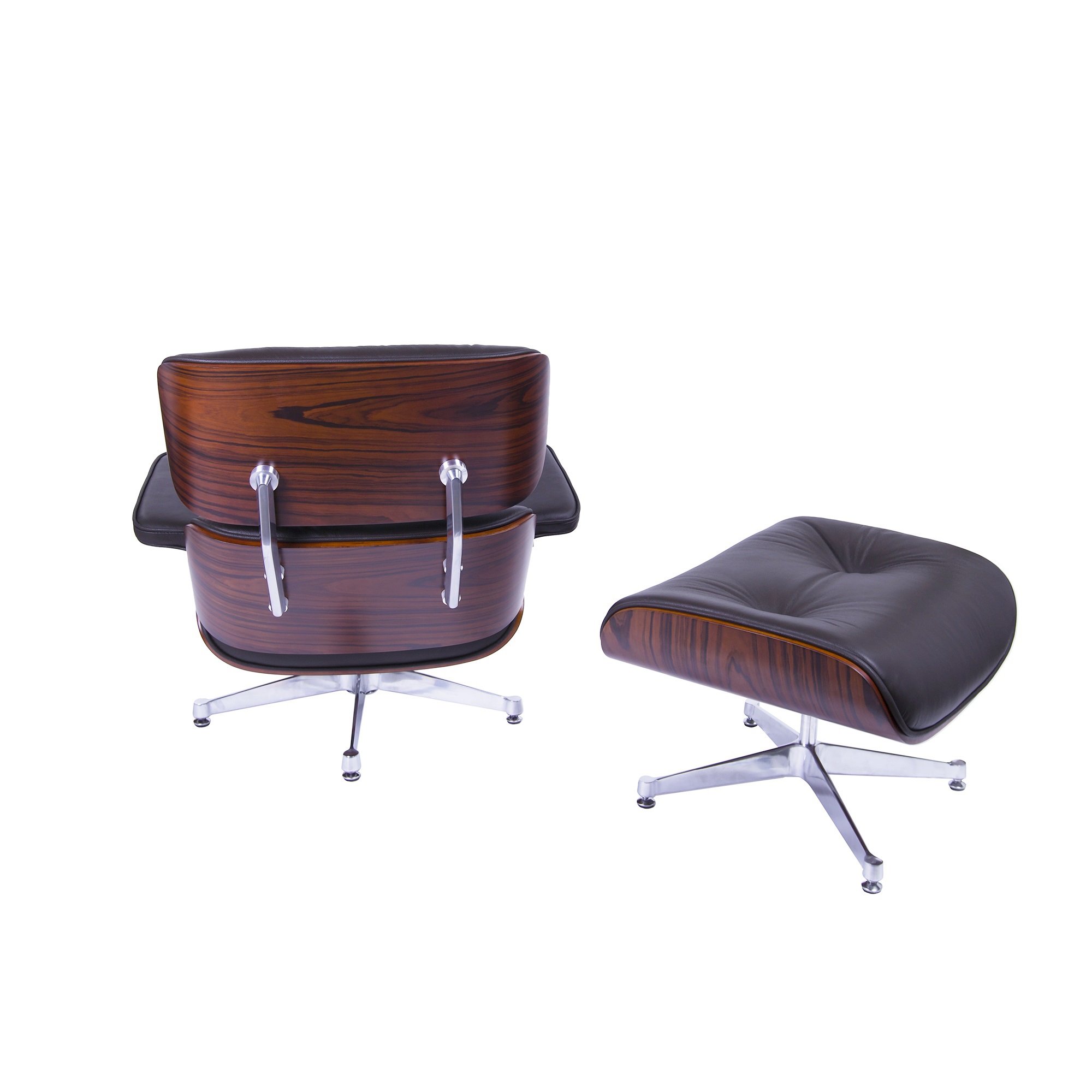 Dominidesign Lounge chair with hocker EA670 XL Brown leather Rosewood shell Polished base