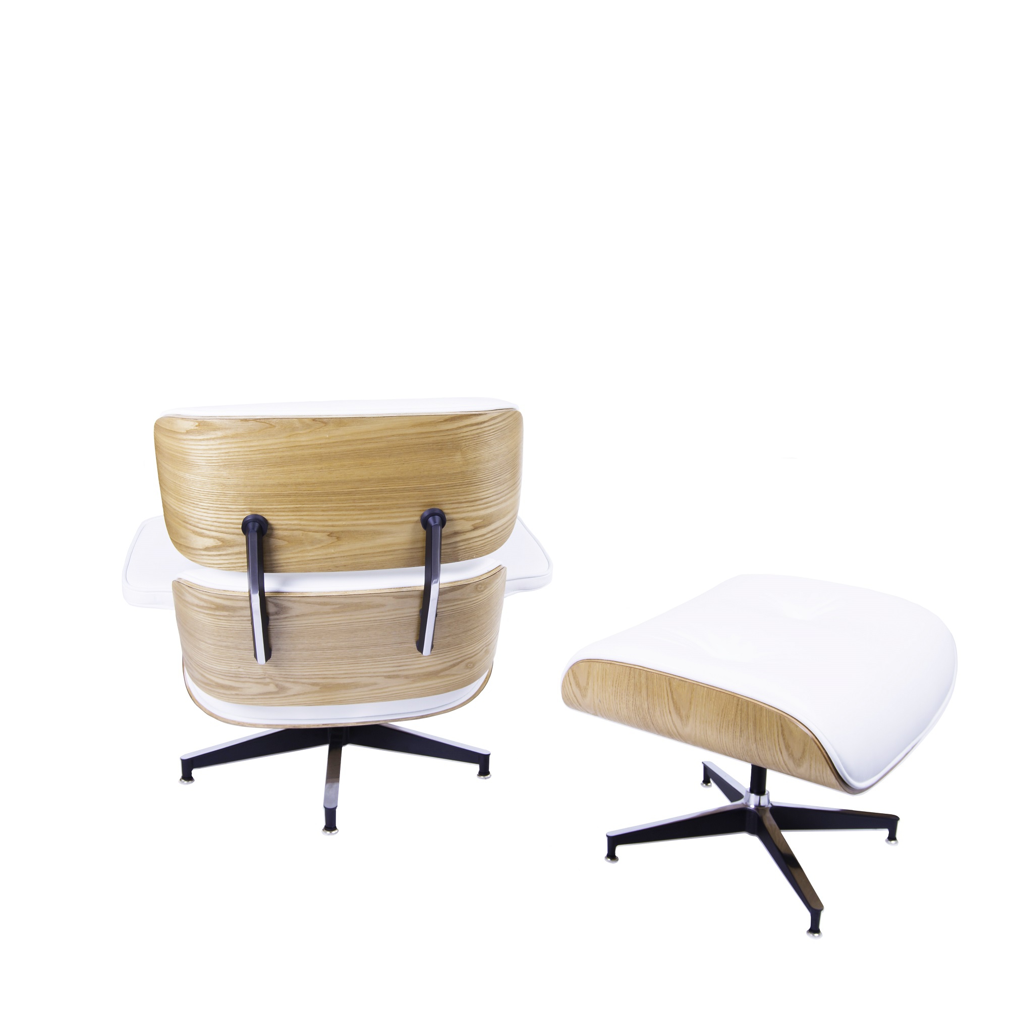Dominidesign Lounge chair with hocker EA670 XL White leather Ash wood shell Black base