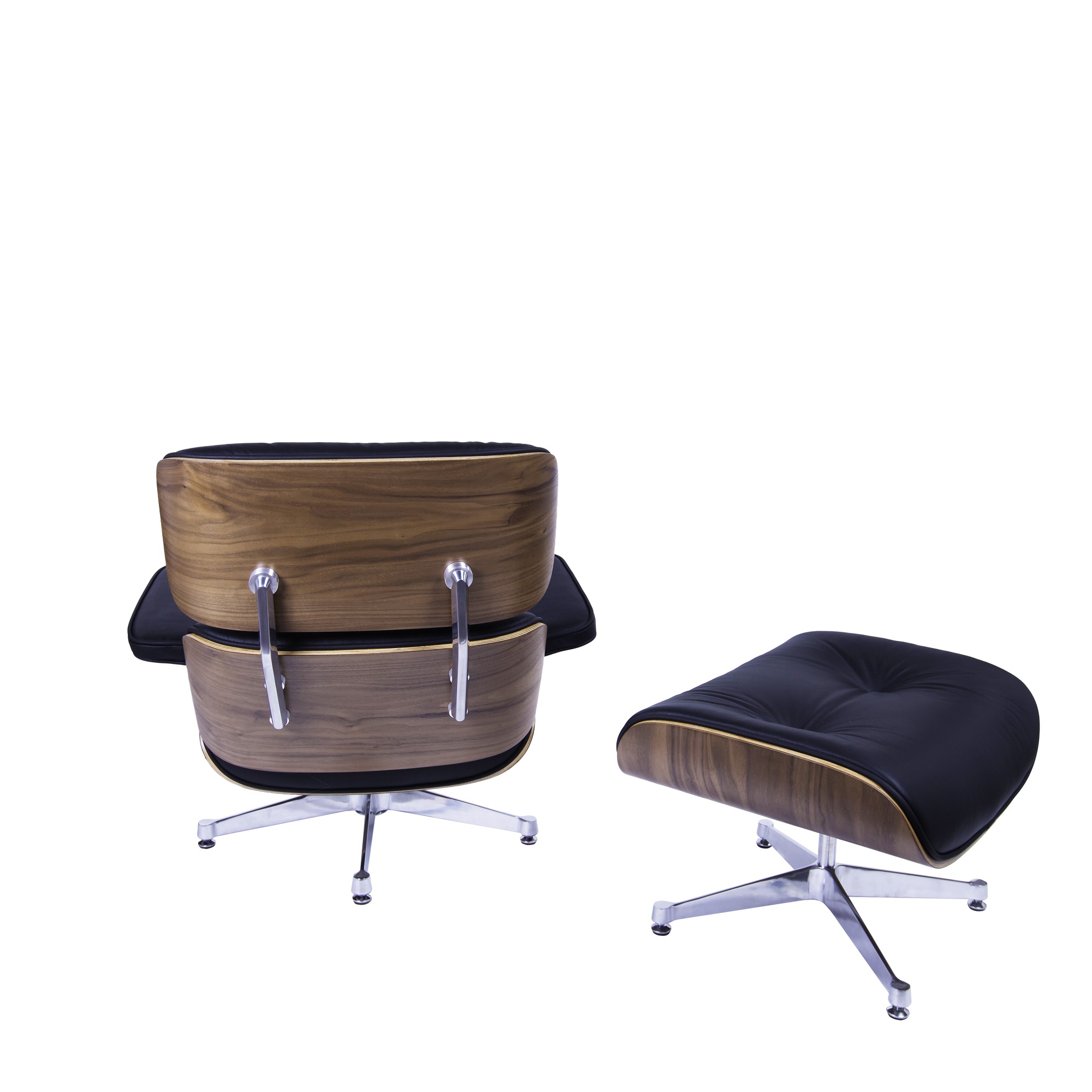 Dominidesign Lounge chair with hocker EA670 Black leather Walnut shell Polished base
