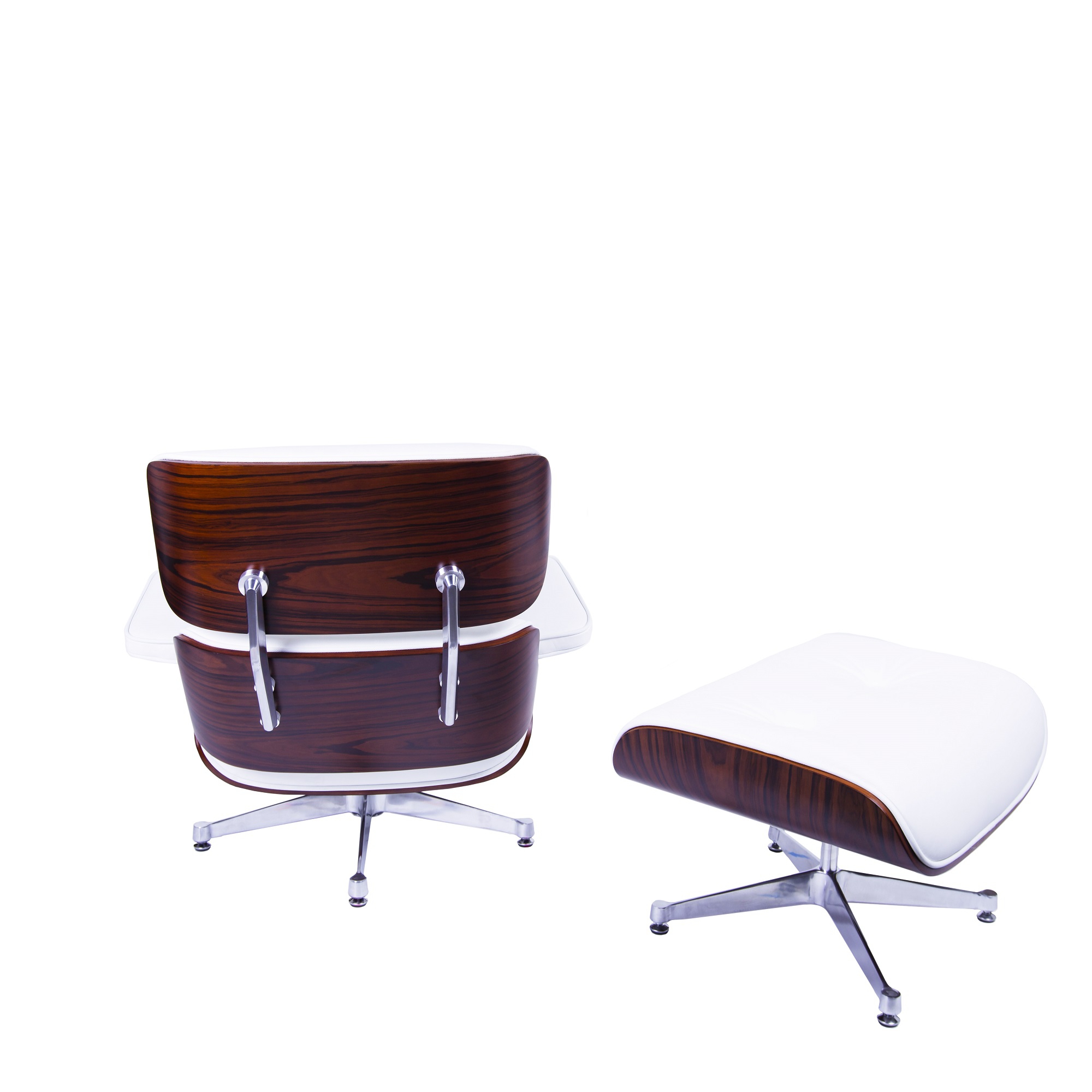 Dominidesign Lounge chair with hocker EA670 XL White leather Rosewood shell Polished base