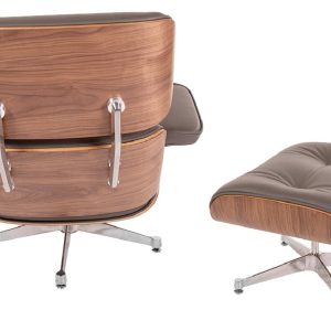 Dominidesign Lounge chair with hocker EA670 XL Dark grey leather Walnut shell Polished base