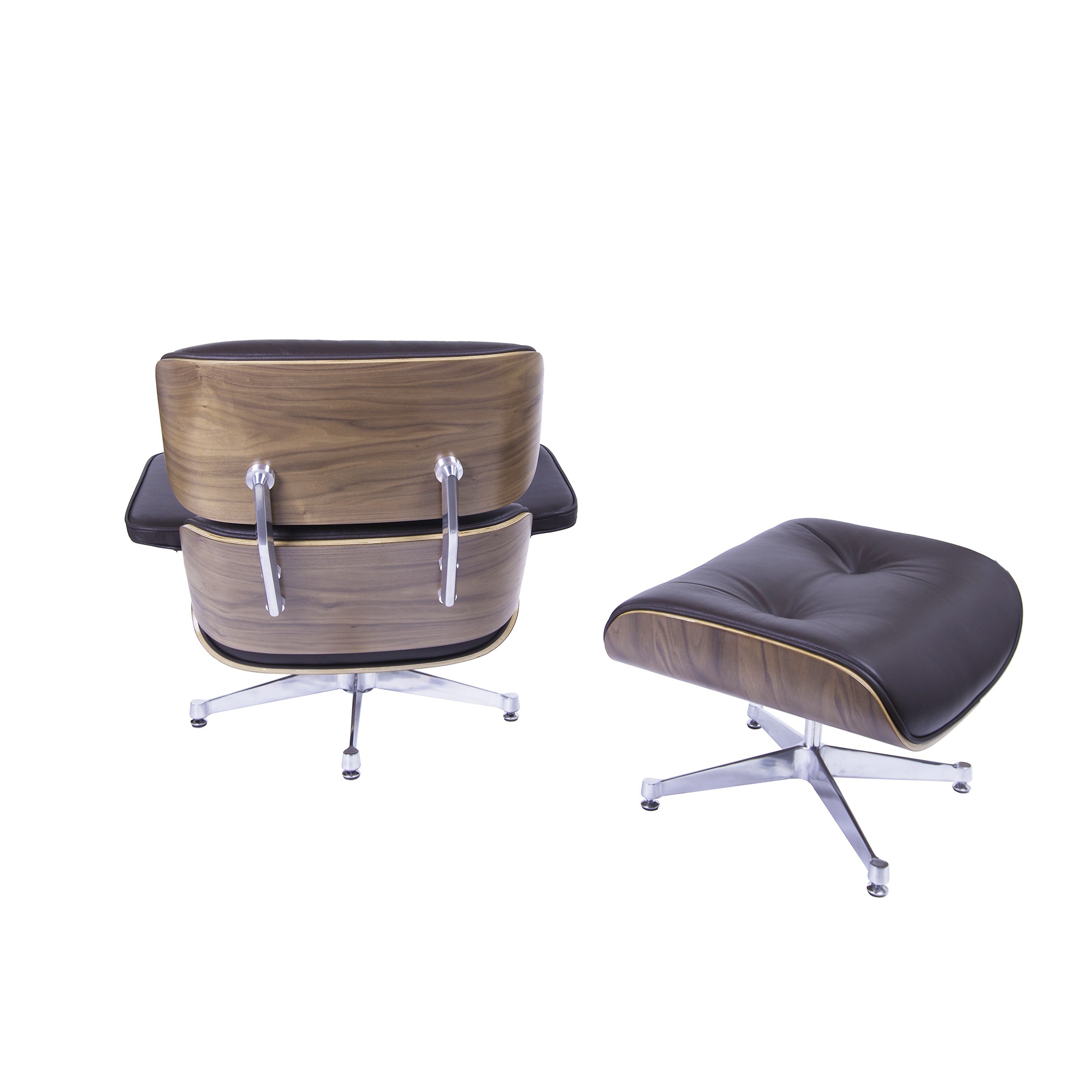 Dominidesign Lounge chair with hocker EA670 Brown leather Walnut shell Polished base