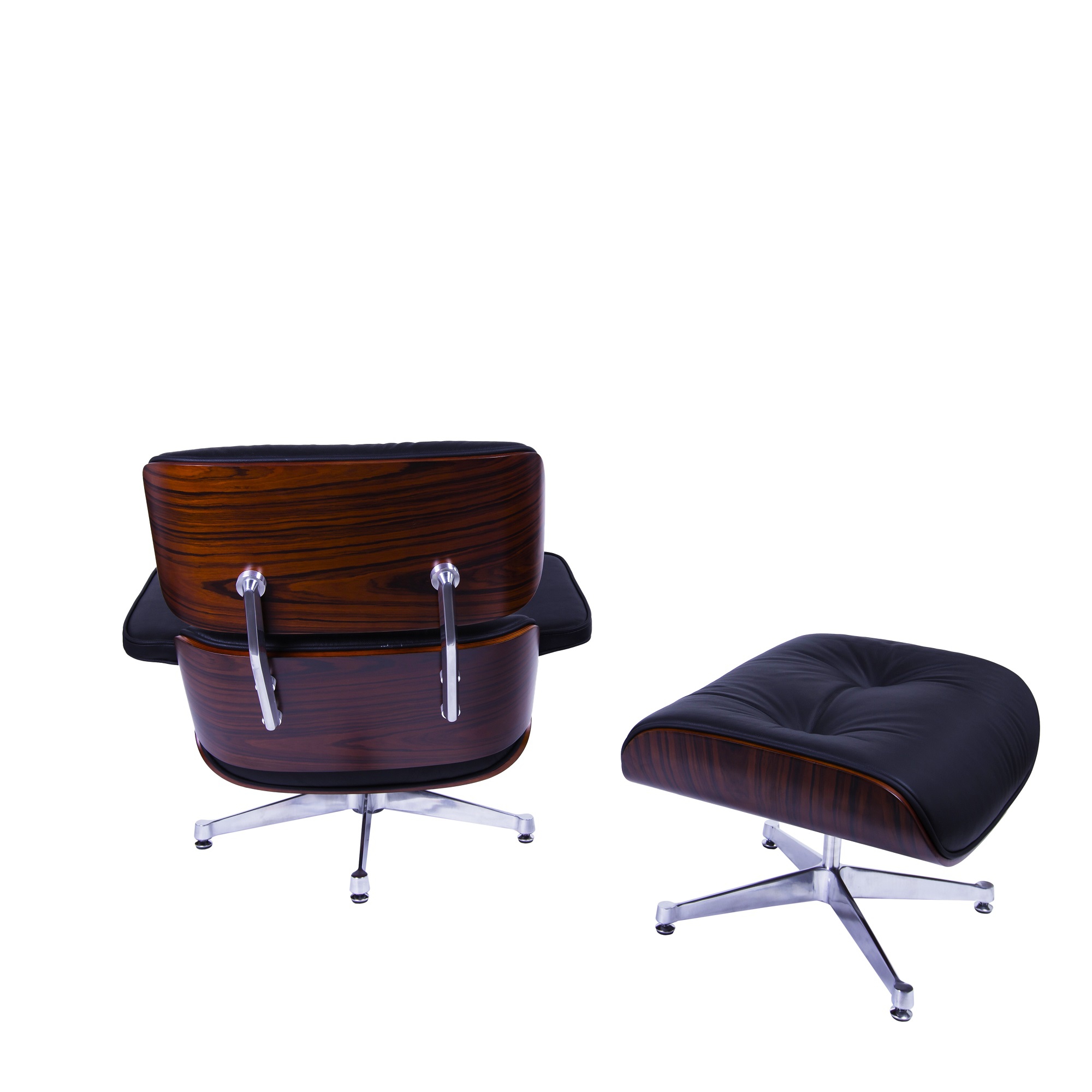 Dominidesign Lounge chair with hocker EA670 XL Black leather Rosewood shell Polished base