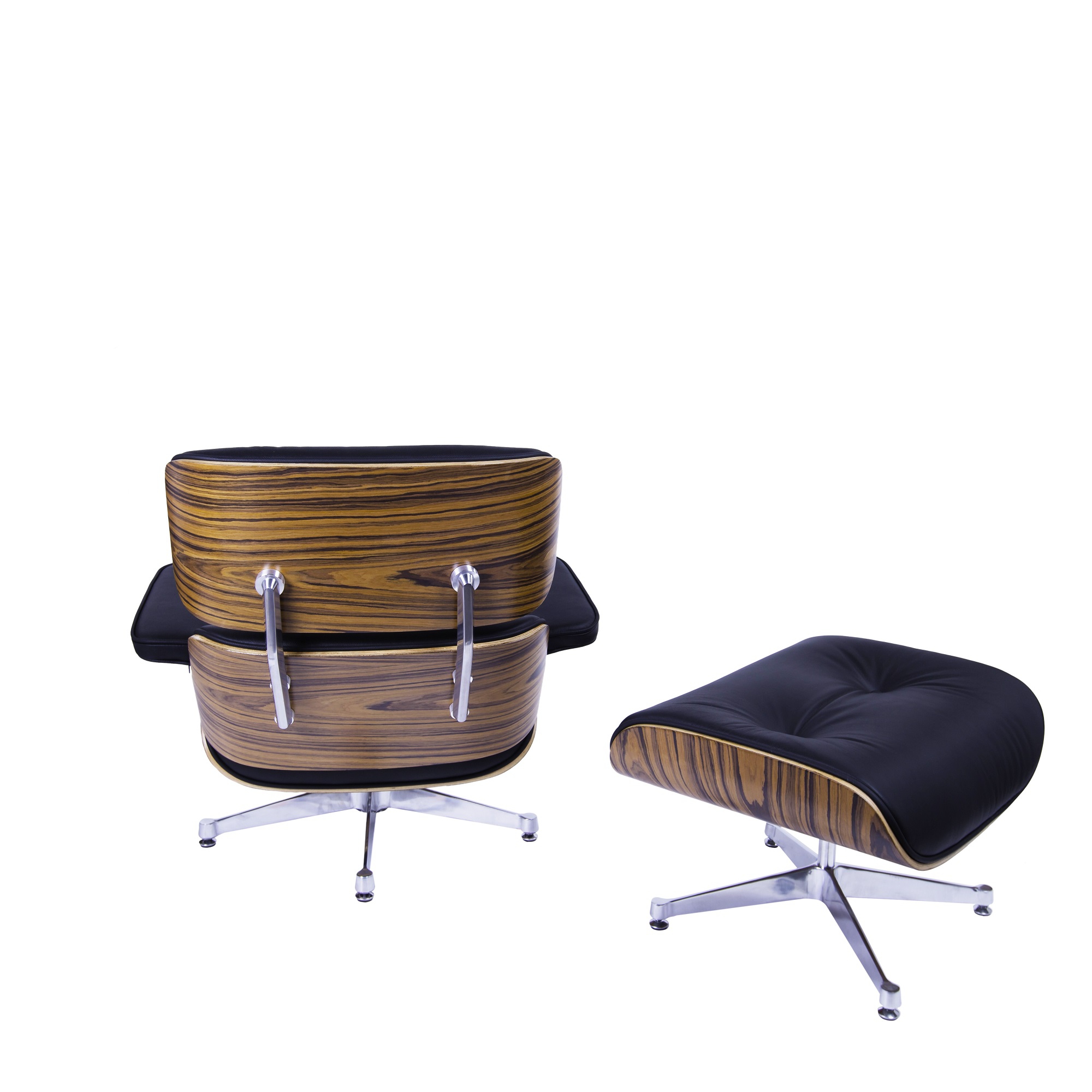 Dominidesign Lounge chair with hocker EA670 Black leather Palisander shell Polished base