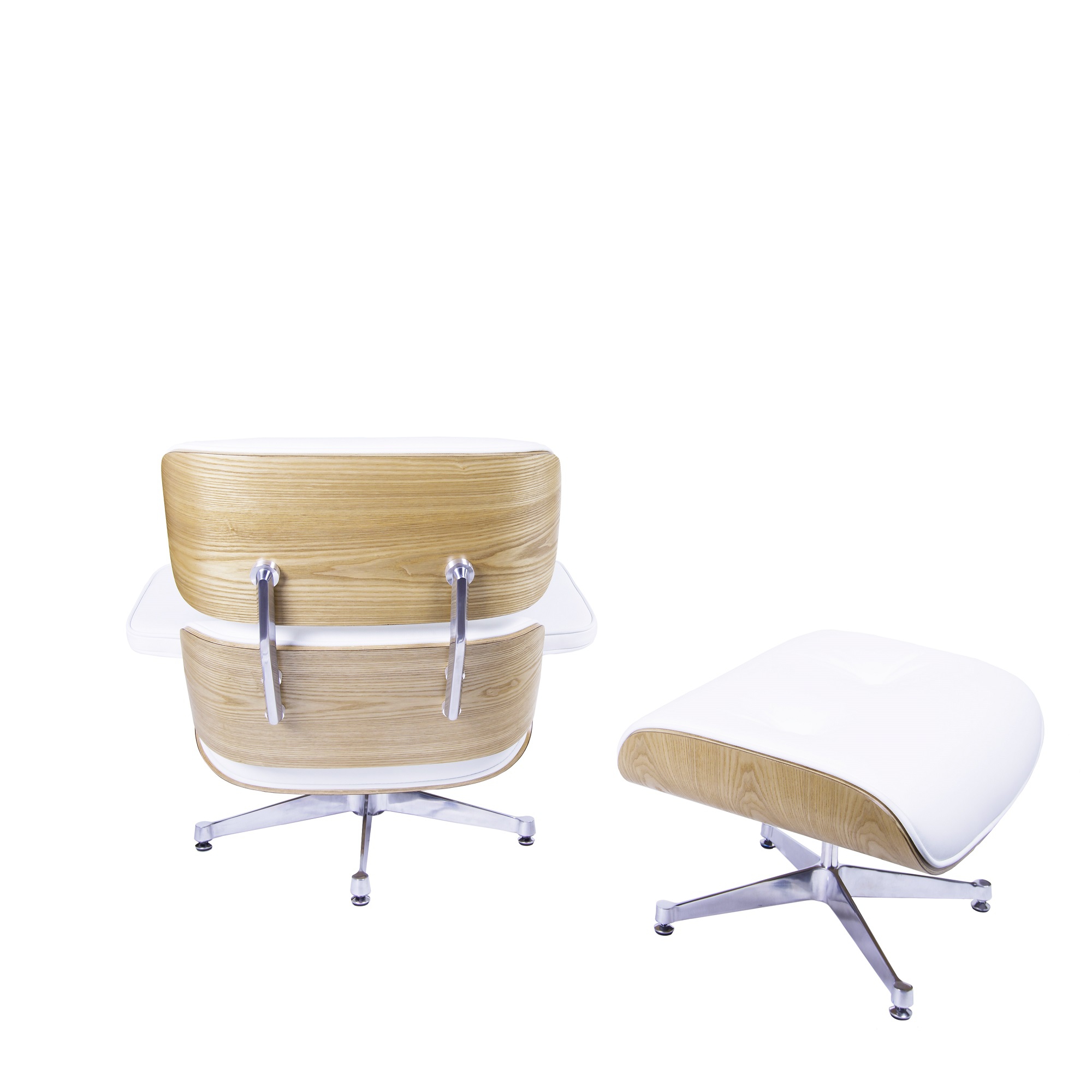 Dominidesign Lounge chair with hocker EA670 XL White leather Ash wood shell Polished base