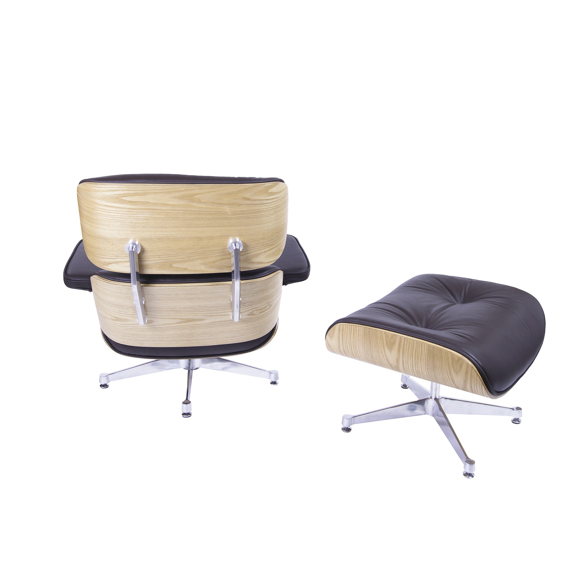 Dominidesign Lounge chair with hocker EA670 Brown leather Ash wood shell Polished base