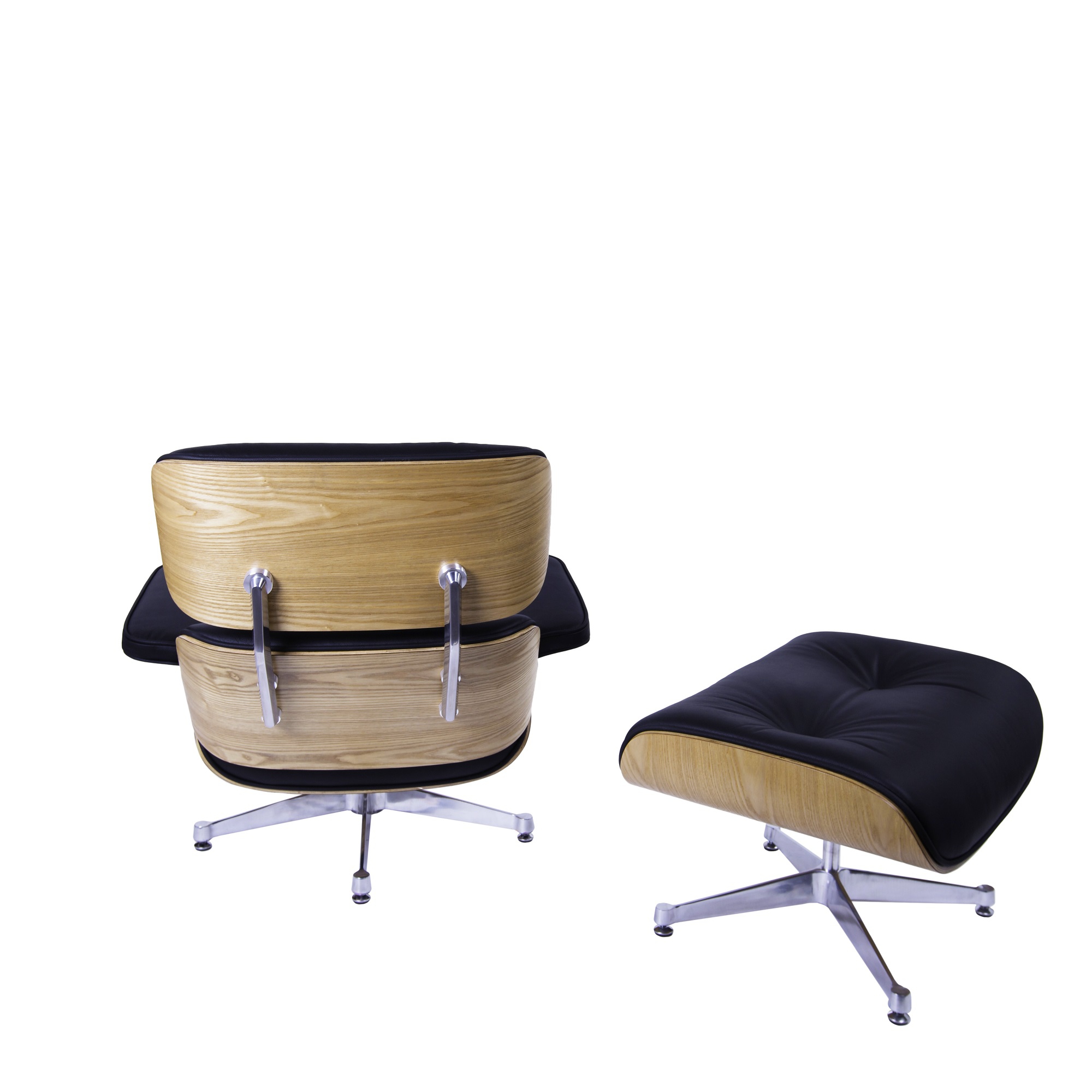 Dominidesign Lounge chair with hocker EA670 XL Black leather Ash wood shell Polished base
