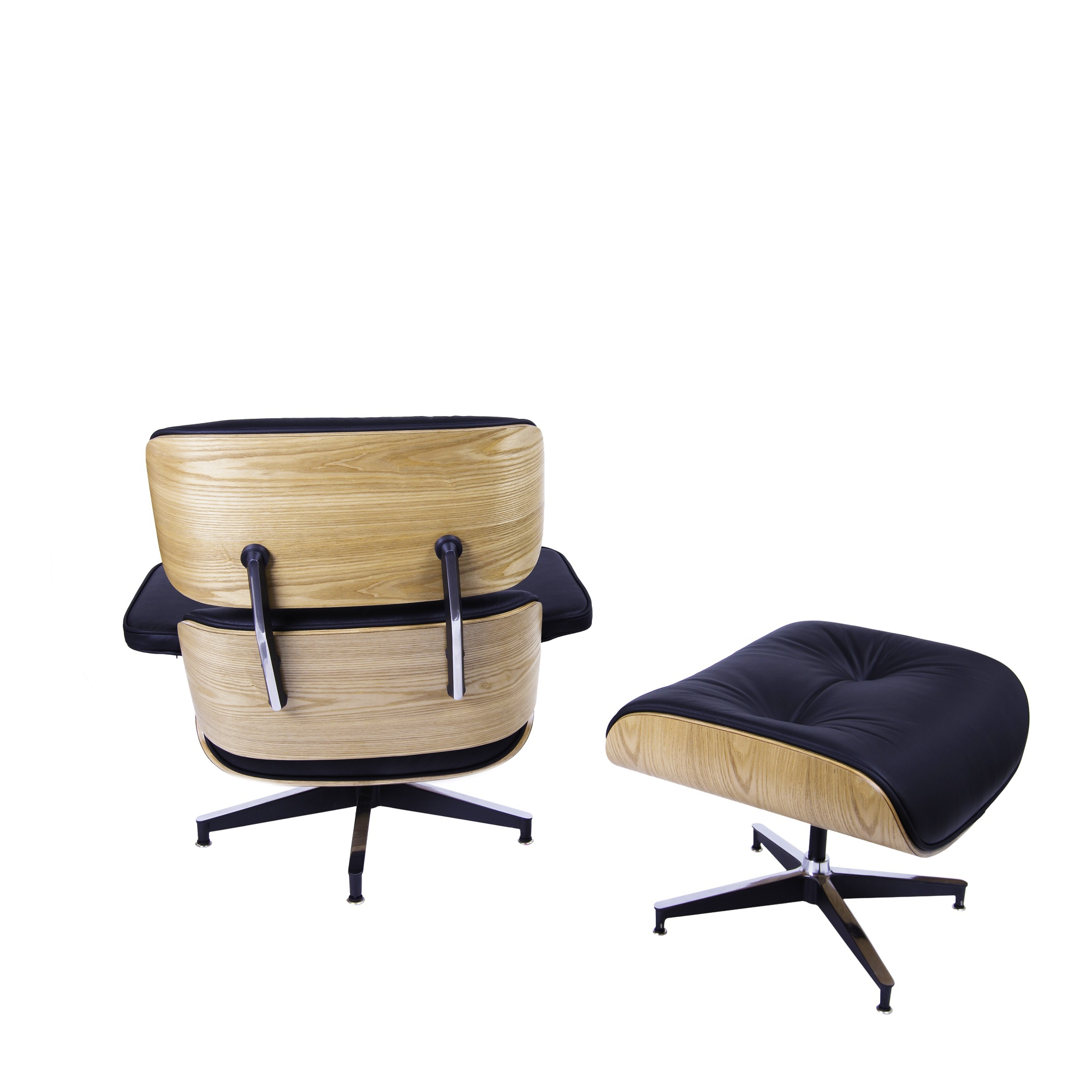 Dominidesign Lounge chair with hocker EA670 XL Black leather Ash wood shell Black base